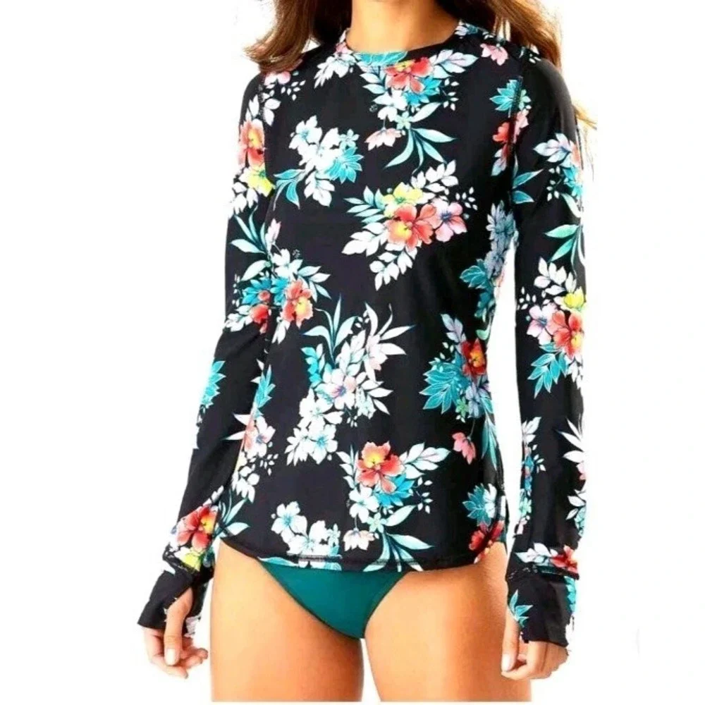TOMMY BAHAMA Midnight Orchid‎ rash guard Swim cover-up sun top women L Large NWT